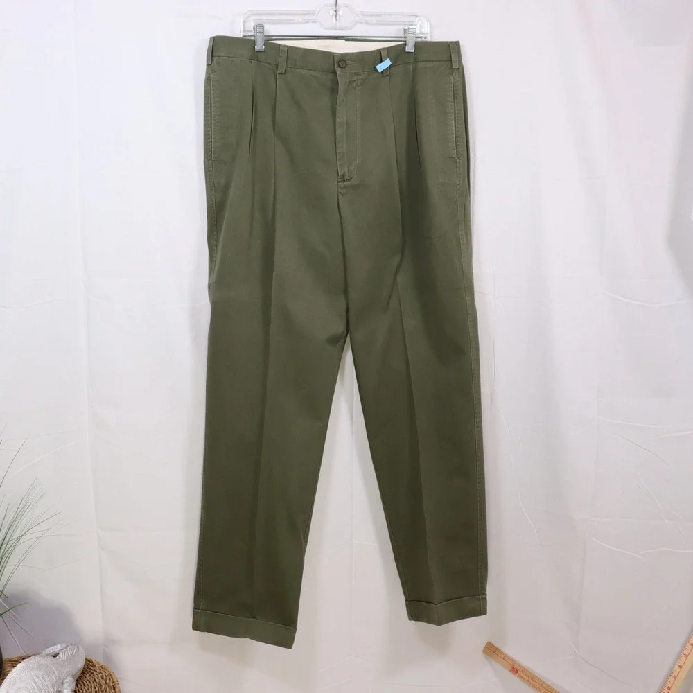Daniel Cremieux Chino Pants 36x32 Green Mens Pleated Cuffed Cotton Trousers